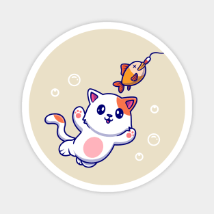 Cute Cat Catching Fish Cartoon Magnet